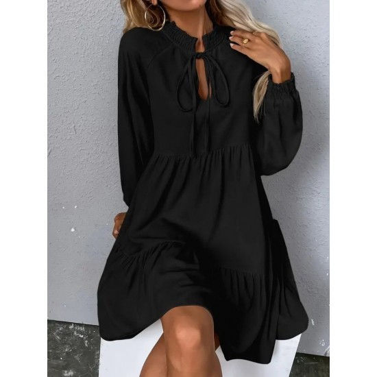 Kadın Uzun Kollu Yakadan Bağcıklı Fırfırlı Keten Mini Elbise , 29458 Kadın Uzun Kollu Yakadan Bağcıklı Fırfırlı Keten Mini Elbise , 29458