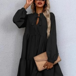 Kadın Uzun Kollu Yakadan Bağcıklı Fırfırlı Keten Mini Elbise , 29458 Kadın Uzun Kollu Yakadan Bağcıklı Fırfırlı Keten Mini Elbise , 29458