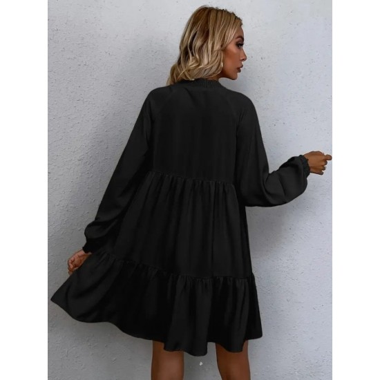 Kadın Uzun Kollu Yakadan Bağcıklı Fırfırlı Keten Mini Elbise , 29458 Kadın Uzun Kollu Yakadan Bağcıklı Fırfırlı Keten Mini Elbise , 29458