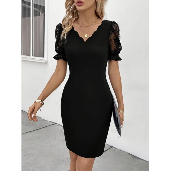 Kadın Kısa Kollu Dantelli V Yakalı Yanlardan Büzgülü çapraz Detaylı Ithal Krep Elbise , 29470 Kadın Kısa Kollu Dantelli V Yakalı Yanlardan Büzgülü çapraz Detaylı Ithal Krep Elbise , 29470