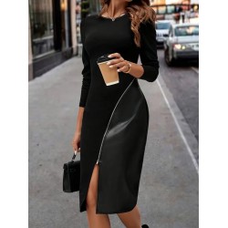 Kadın Uzun Kollu Asimetrik Yırtmaç Deri Detaylı Midi Ithal Krep Elbise , 29464