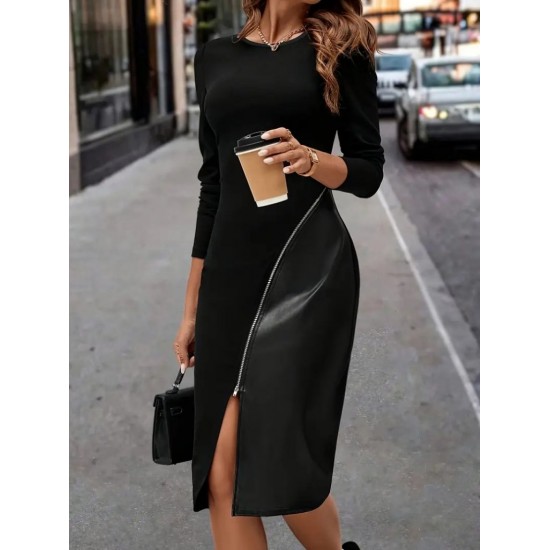 Kadın Uzun Kollu Asimetrik Yırtmaç Deri Detaylı Midi Ithal Krep Elbise , 29464 Kadın Uzun Kollu Asimetrik Yırtmaç Deri Detaylı Midi Ithal Krep Elbise , 29464