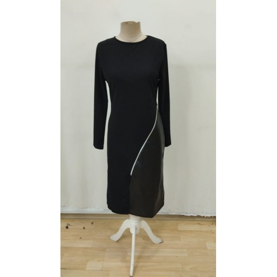 Kadın Uzun Kollu Asimetrik Yırtmaç Deri Detaylı Midi Ithal Krep Elbise , 29464 Kadın Uzun Kollu Asimetrik Yırtmaç Deri Detaylı Midi Ithal Krep Elbise , 29464