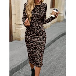 Kadın Uzun Kollu Bisiklet Yaka Leopar Desenli Modal Midi Elbise , 29462