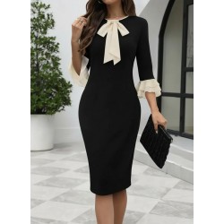 Kadın Truvakar Kollu Fiyonk Yakalı Midi Ithal Krep Elbise , 29411