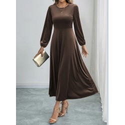 Kadın Uzun Kollu Bisiklet Yaka Midi Kadife Elbise, 29506