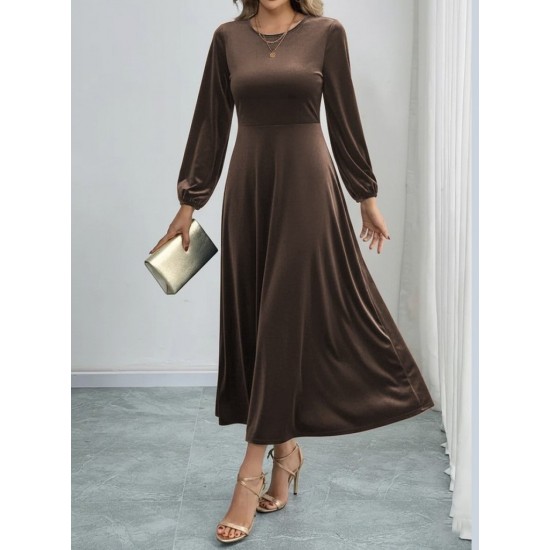 Kadın Uzun Kollu Bisiklet Yaka Midi Kadife Elbise, 29506