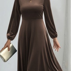 Kadın Uzun Kollu Bisiklet Yaka Midi Kadife Elbise, 29506