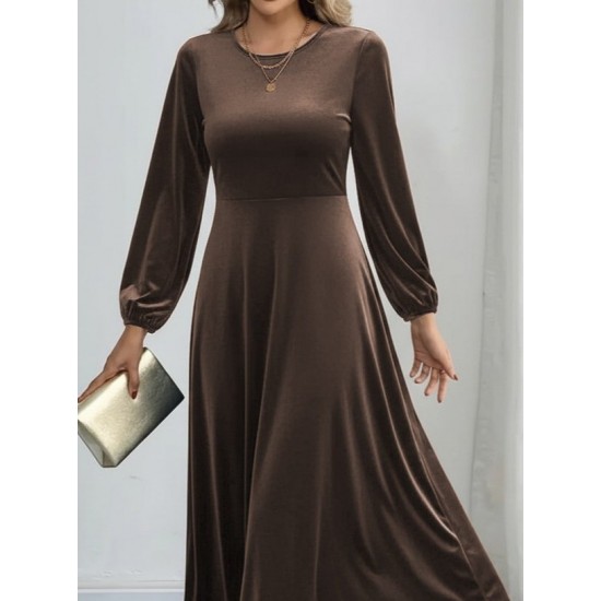 Kadın Uzun Kollu Bisiklet Yaka Midi Kadife Elbise, 29506