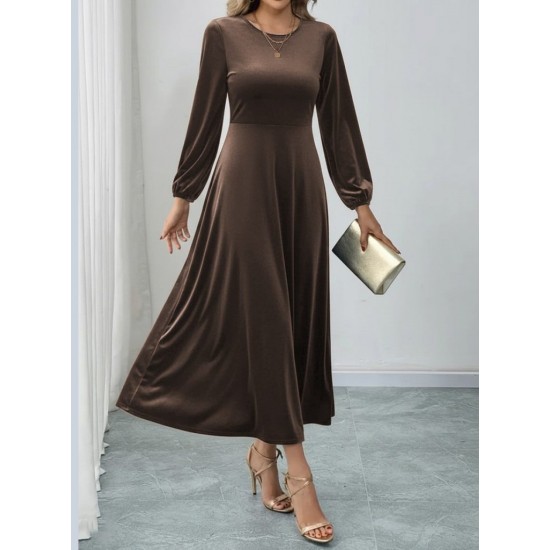 Kadın Uzun Kollu Bisiklet Yaka Midi Kadife Elbise, 29506