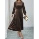 Kadın Uzun Kollu Bisiklet Yaka Midi Kadife Elbise, 29506