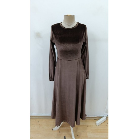 Kadın Uzun Kollu Bisiklet Yaka Midi Kadife Elbise, 29506