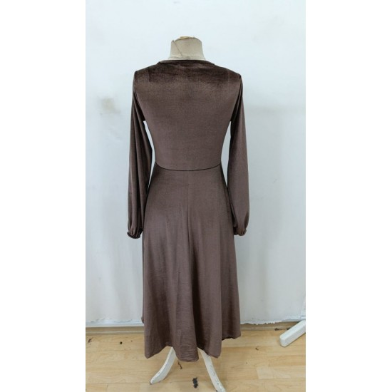 Kadın Uzun Kollu Bisiklet Yaka Midi Kadife Elbise, 29506