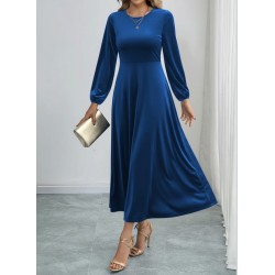 Kadın Uzun Kollu Bisiklet Yaka Midi Kadife Mavi Elbise, 29505