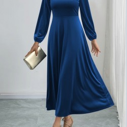 Kadın Uzun Kollu Bisiklet Yaka Midi Kadife Mavi Elbise, 29505