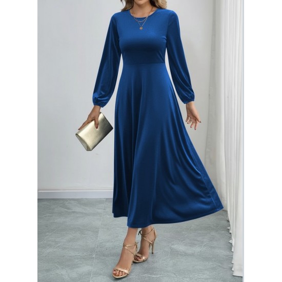 Kadın Uzun Kollu Bisiklet Yaka Midi Kadife Mavi Elbise, 29505