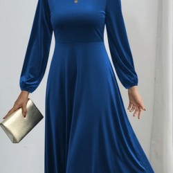 Kadın Uzun Kollu Bisiklet Yaka Midi Kadife Mavi Elbise, 29505