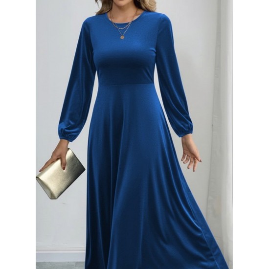 Kadın Uzun Kollu Bisiklet Yaka Midi Kadife Mavi Elbise, 29505