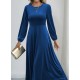 Kadın Uzun Kollu Bisiklet Yaka Midi Kadife Mavi Elbise, 29505