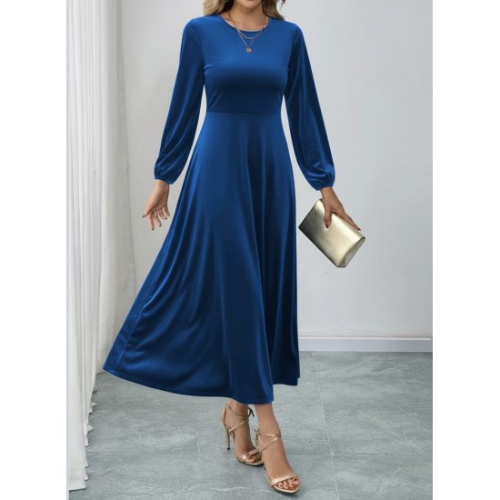 Kadın Uzun Kollu Bisiklet Yaka Midi Kadife Mavi Elbise, 29505