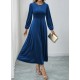 Kadın Uzun Kollu Bisiklet Yaka Midi Kadife Mavi Elbise, 29505