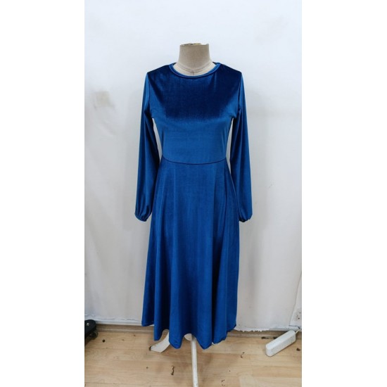 Kadın Uzun Kollu Bisiklet Yaka Midi Kadife Mavi Elbise, 29505