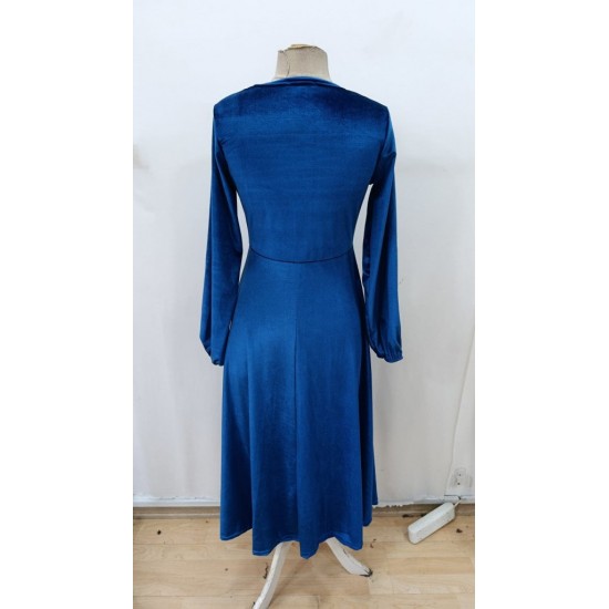 Kadın Uzun Kollu Bisiklet Yaka Midi Kadife Mavi Elbise, 29505