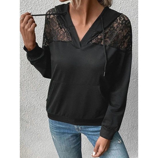 Kadın Uzun Kollu Kapşonlu Bağcıklı Dantelli Viskon Iki Iplik Bluz , 29489