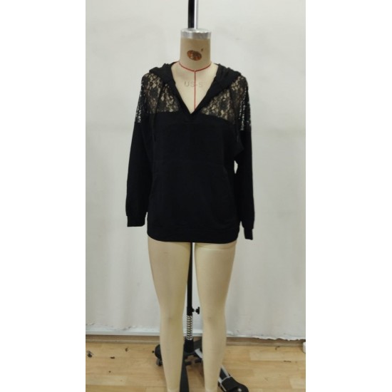 Kadın Uzun Kollu Kapşonlu Bağcıklı Dantelli Viskon Iki Iplik Bluz , 29489