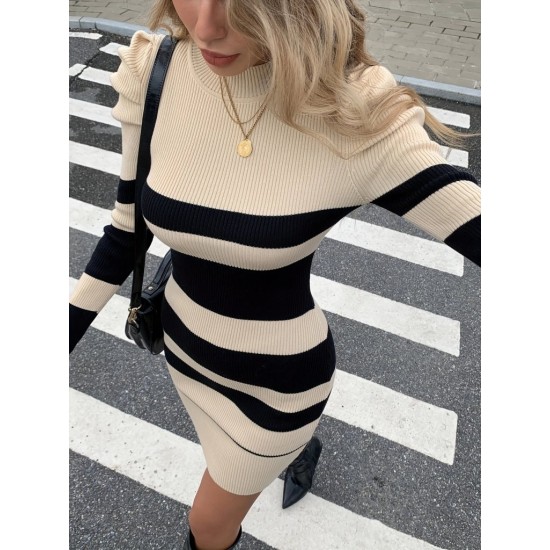 Kadın Uzun Kollu Yuvarlak Yaka Balon Omuz Kol Detaylı çok Renkli Mini Elbise , 29488