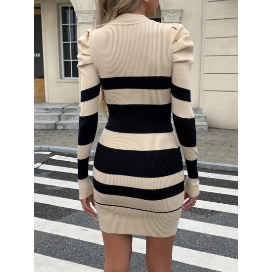 Kadın Uzun Kollu Yuvarlak Yaka Balon Omuz Kol Detaylı çok Renkli Mini Elbise , 29488