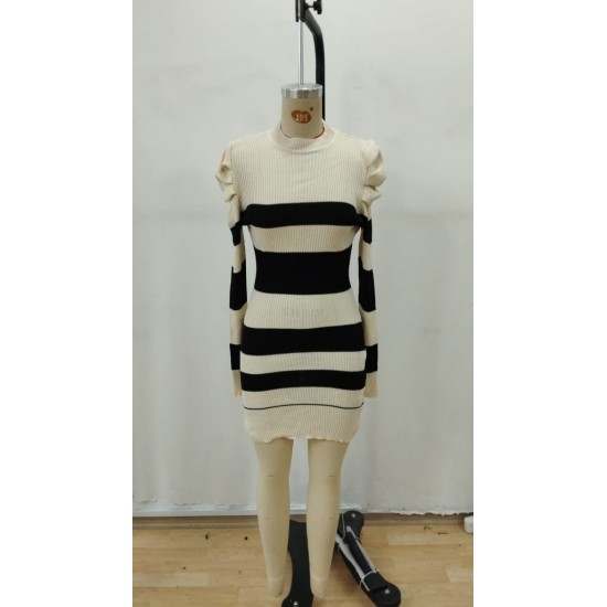 Kadın Uzun Kollu Yuvarlak Yaka Balon Omuz Kol Detaylı çok Renkli Mini Elbise , 29488