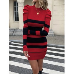 Kadın Uzun Kollu Yuvarlak Yaka Balon Omuz Kol Detaylı çok Renkli Mini Elbise , 29487