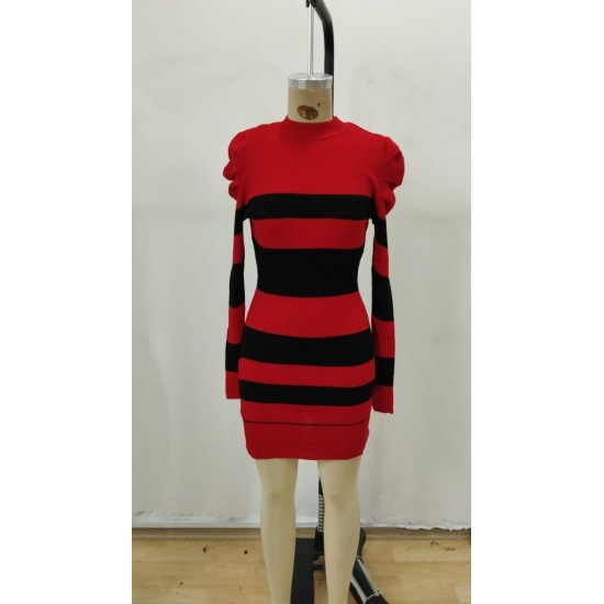 Kadın Uzun Kollu Yuvarlak Yaka Balon Omuz Kol Detaylı çok Renkli Mini Elbise , 29487