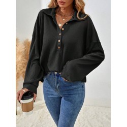 Kadın Uzun Kollu Yakalı Düğmeli Salaş Waffle Bluz , 29513