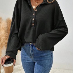 Kadın Uzun Kollu Yakalı Düğmeli Salaş Waffle Bluz , 29513