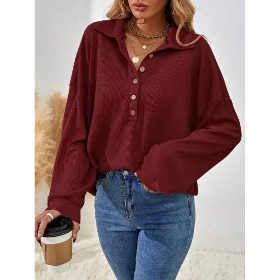 Kadın Uzun Kollu Yakalı Düğmeli Salaş Waffle Bluz , 29512