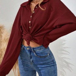 Kadın Uzun Kollu Yakalı Düğmeli Salaş Waffle Bluz , 29512 Kadın Uzun Kollu Yakalı Düğmeli Salaş Waffle Bluz , 29512