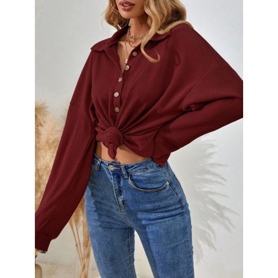 Kadın Uzun Kollu Yakalı Düğmeli Salaş Waffle Bluz , 29512