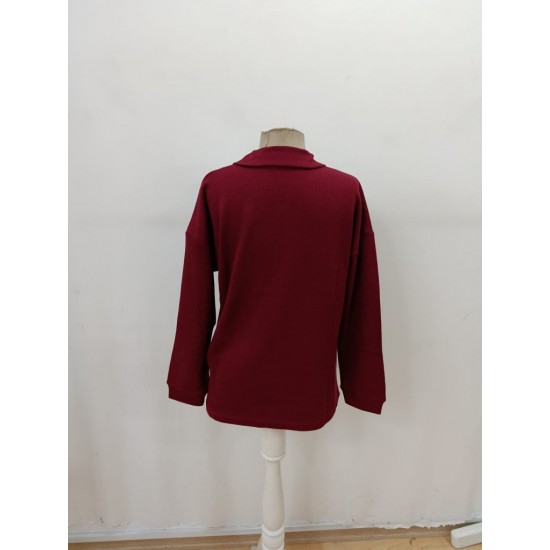 Kadın Uzun Kollu Yakalı Düğmeli Salaş Waffle Bluz , 29512