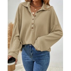 Kadın Uzun Kollu Yakalı Düğmeli Salaş Waffle Bluz , 29511