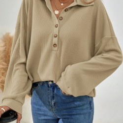 Kadın Uzun Kollu Yakalı Düğmeli Salaş Waffle Bluz , 29511