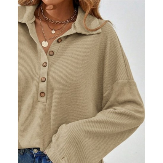 Kadın Uzun Kollu Yakalı Düğmeli Salaş Waffle Bluz , 29511