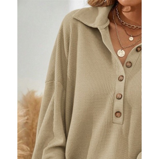 Kadın Uzun Kollu Yakalı Düğmeli Salaş Waffle Bluz , 29511