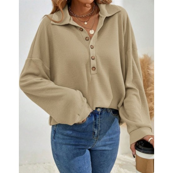 Kadın Uzun Kollu Yakalı Düğmeli Salaş Waffle Bluz , 29511