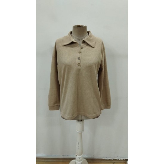 Kadın Uzun Kollu Yakalı Düğmeli Salaş Waffle Bluz , 29511