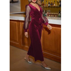 Kadın Uzun Kollu Kruvaze Yakalı Belden Kuşaklı Tül Detaylı Kadife Tulum , 29510