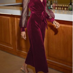 Kadın Uzun Kollu Kruvaze Yakalı Belden Kuşaklı Tül Detaylı Kadife Tulum , 29510