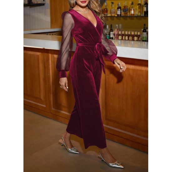 Kadın Uzun Kollu Kruvaze Yakalı Belden Kuşaklı Tül Detaylı Kadife Tulum , 29510