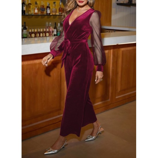 Kadın Uzun Kollu Kruvaze Yakalı Belden Kuşaklı Tül Detaylı Kadife Tulum , 29510